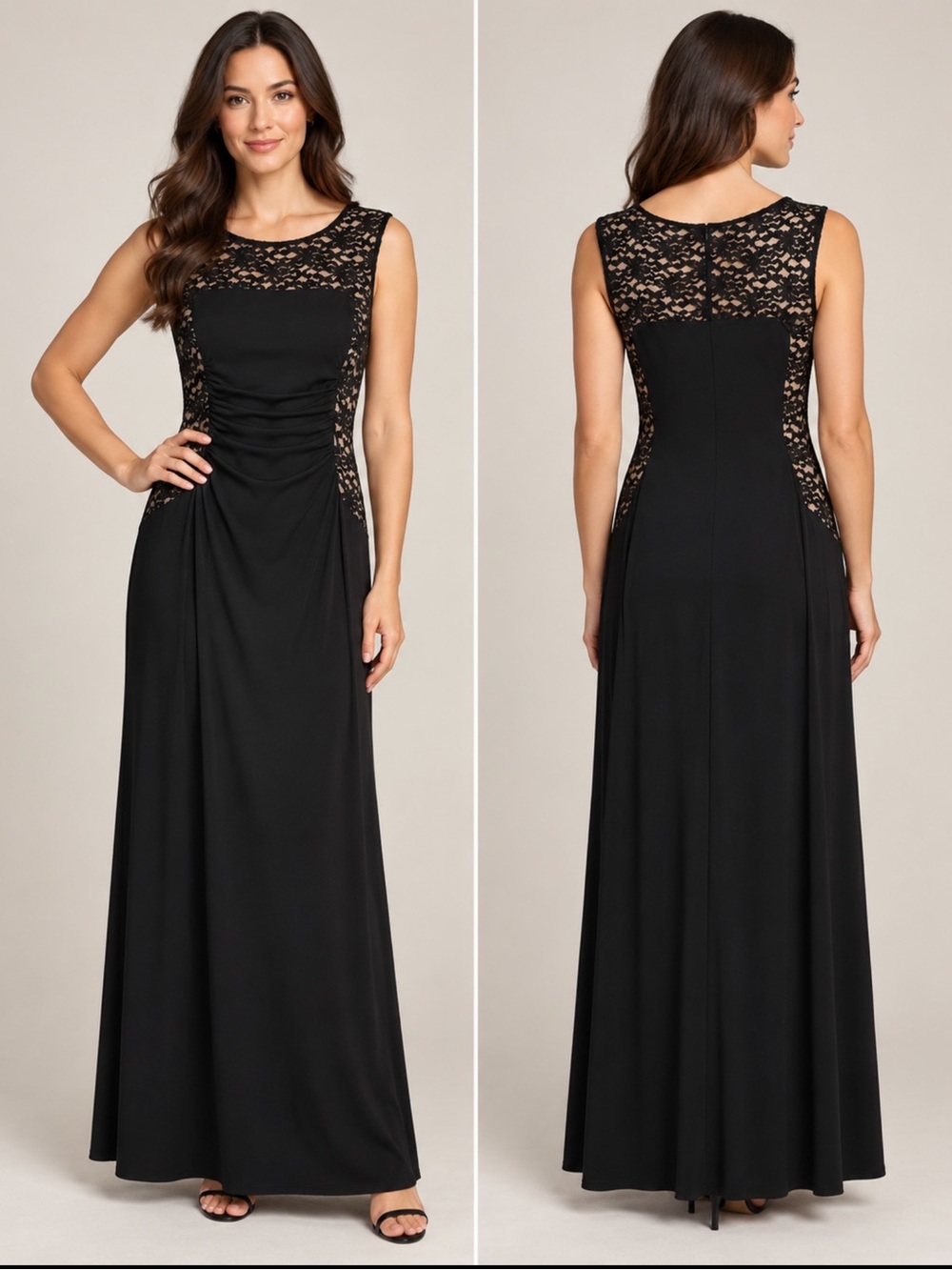 En Focus Studio Black Lace Overlay Ruched Maxi Dress Size 8